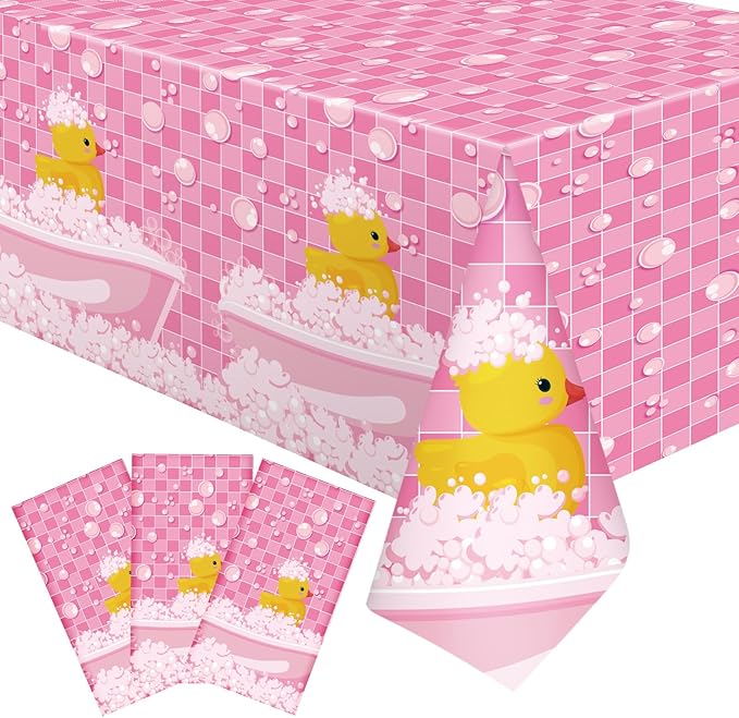 Oudain 3 Pcs Plastic Yellow Duck Tablecloth Disposable Cute Bubble Rubber Yellow Ducky Table Cover for Birthday Party Decorations Supplies, 51 x 86.6 Inch (Pink)