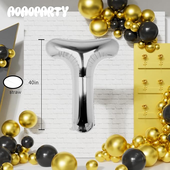 Letter Balloons 40Inch Large Giant big Foil Mylar Silver Balloons T for Birthday Party Decorations