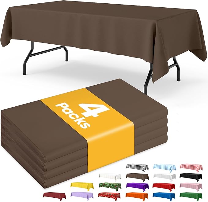 Brown Plastic Table Cloth - 4 Pack 54" × 108" Rectangle Disposable Tablecloths for 6FT Tables, Table Cover for Party, Holiday & Gathering Use