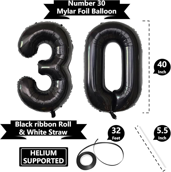 Number Balloons Black Party Balloon - Giant Number 30 Balloon, 40 Inch Large Balloon for 30th Birthday Decorations, Black Party Supplies for Men Women