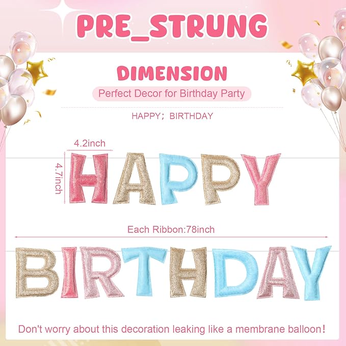 Tegeme Felt Happy Birthday Banner, Pre-strung Glitter Pastel Happy Birthday Garland Reusable Mini Colorful Rainbow Decoration for Woman, Man Party Photo Prop
