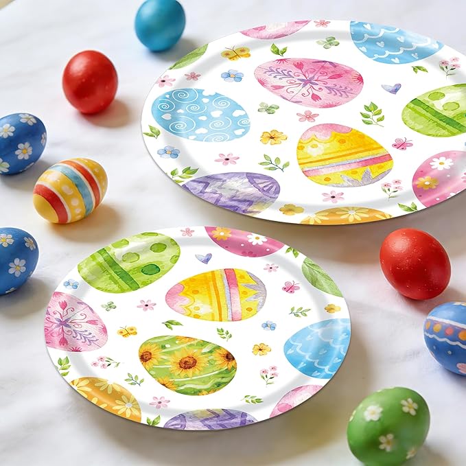 96 Pieces Easter Egg Paper Plates and Napkins Party Supplies, Colorful Eggs Disposable Tableware with Paper Plates Napkins and Forks for Spring Celebrations, Easter Day Party Favors - Serves 24