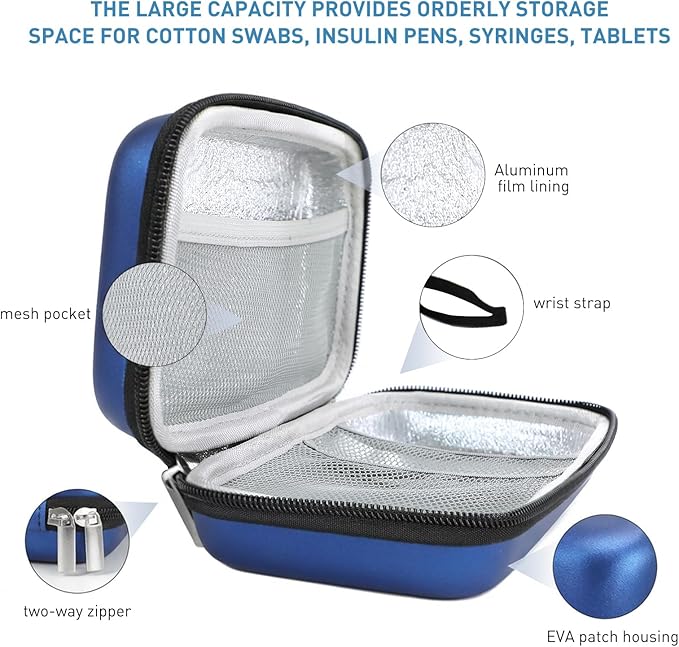 suzamed Insulin Cooler Travel Case,EVA Insulation Travel Medicine Kit with 2 Ice Packs for Diabetes Care,Insulin Pen and Other Diabetic Supplies (Blue)