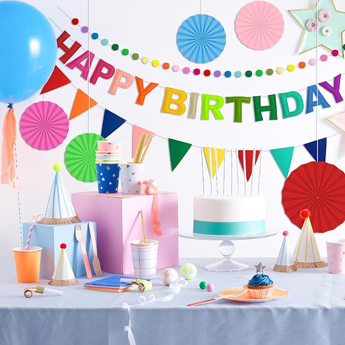 Pre-Strung Happy Birthday Banner, Reusable Felt Birthday Party Decorations, 3D Effect Happy Birthday Sign with Felt Ball Garland, Pennant Flag, Hanging Paper Fans for Men Women Boy Girls (Rainbow)