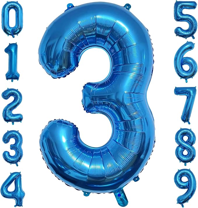 40 Inch Blue Number Balloon 3, Large Number Foil Balloons Mylar for Girl Boy Birthday Party Celebration Decorations Supplies, Digital Balloons for Wedding Anniversary Events Decorations