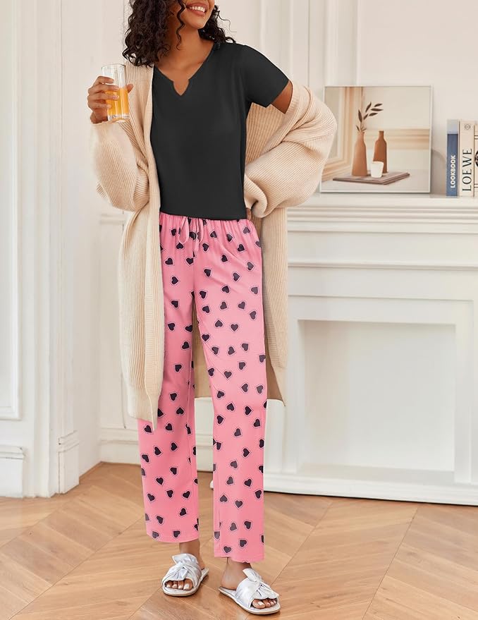 Ekouaer 2 Piece Womens Pajamas V Neck Short Sleeve Top and Long Pants Pjs Print Lounge Set Sleepwear