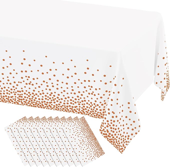 misaya 10 Packs Dot Disposable Table Cloth, 54 x 108 Inch Waterproof Plastic Tablecloth, Rectangle Rose Gold Dots in White Table Covers for Easter, Picnic, Birthday, Party