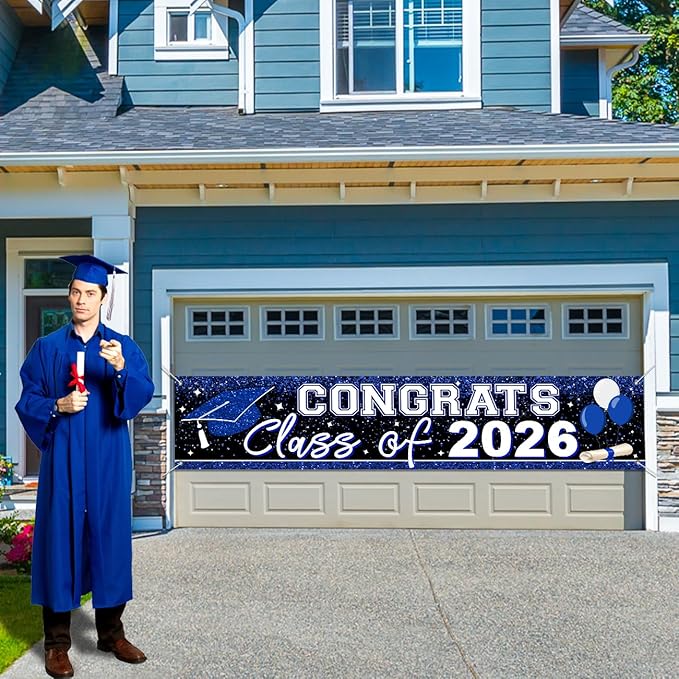 2026 Graduation Yard Sign Large Congrats Grad Banner Blue Class of 2026 Banner for Graduation Party Decorations 2026 (Blue)