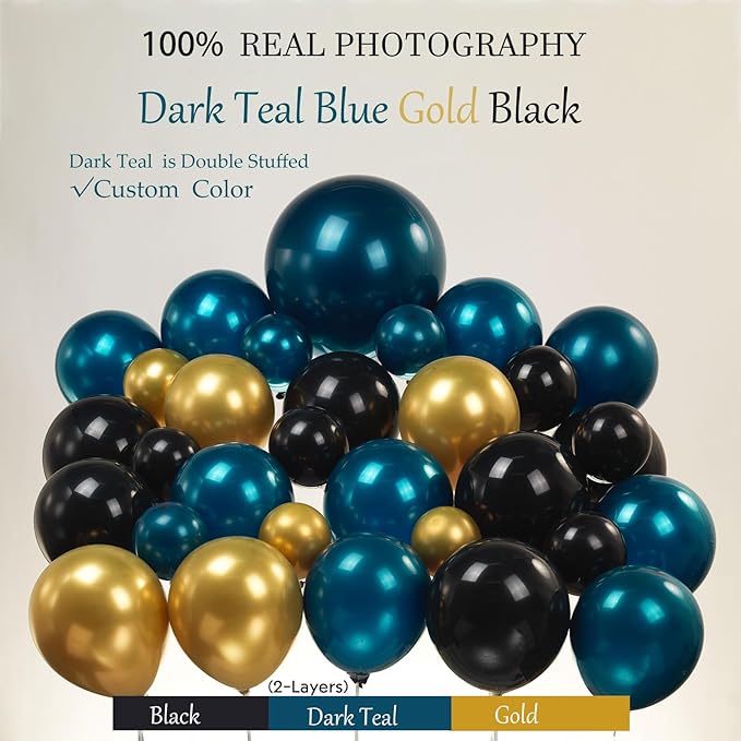 Chrome dark Teal and gold black Balloon Garland Kit 170Pcs Double-Stuffed Navy Teal Blue With Starburst Balloons for Birthday Luxury shop happy grad eve decorations 2025