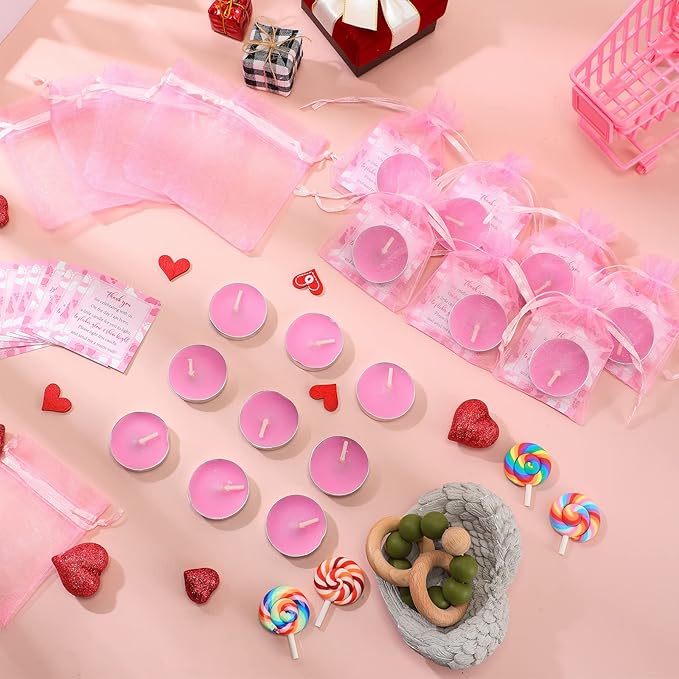 50 Sets Baby Shower Party Favors Including 50 Pcs Unscented Tealight Baby Shower Candles Gift Bags Cards for Gender Reveal Party Supplies(Pink)