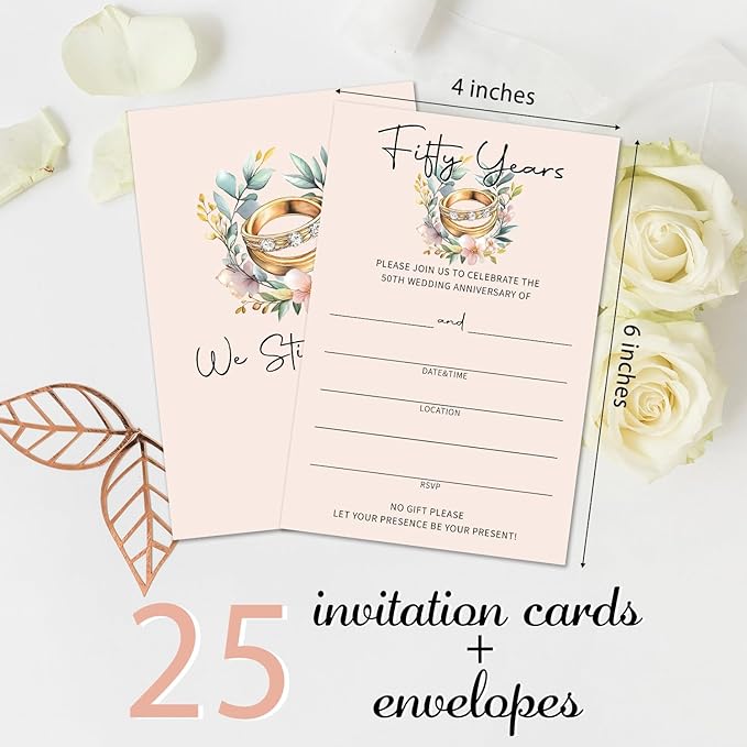 Floral Ring 50th Wedding Anniversary Invitations, 50th Anniversary Invites, 50 Years Wedding Party Supplies, 25 Pcs Cards & Envelopes /14