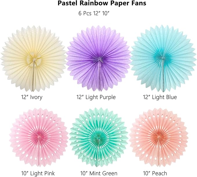 ANSOMO Pastel Rainbow Paper Fans Party Decorations Colorful Ice Cream Easter Macaron Wall Hanging Light Pink Blue Purple Mint Peach Ivory Décor Birthday Wedding Bridal Baby Shower Classroom Supplies