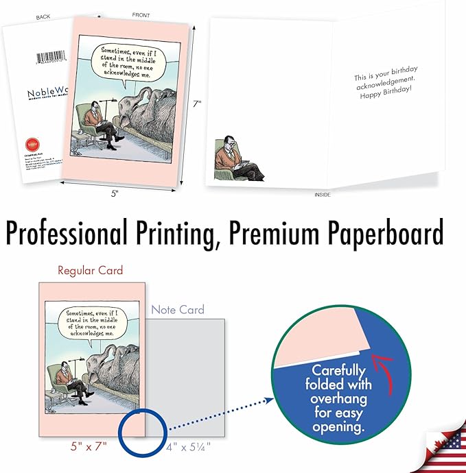 NobleWorks - 1 Funny Cartoon Birthday Greeting Card - Comic Humor, Happy Birthdays Celebration Card - Elephant in Room C9289BDG