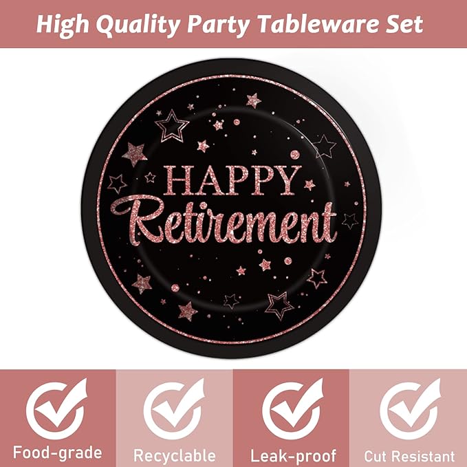 Wiooffen 48Pcs Retirement Paper Plates Party Supplies Happy Retirement Dessert Cake 7 inch Plates Tableware Set Pink and Black Retired Dinnerware for Woman Graduations Decorations Favors