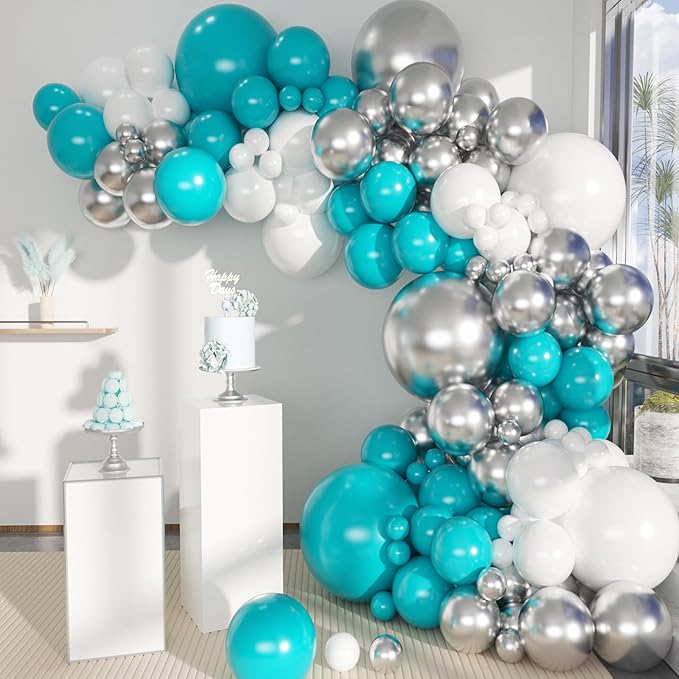 Teal Blue Silver White Balloons Garland Arch Kit, 141Pcs Latex Balloons Different Sizes 18 12 10 5 Inch for Birthday Party Graduation Baby Shower Wedding Holiday Balloon Decoration