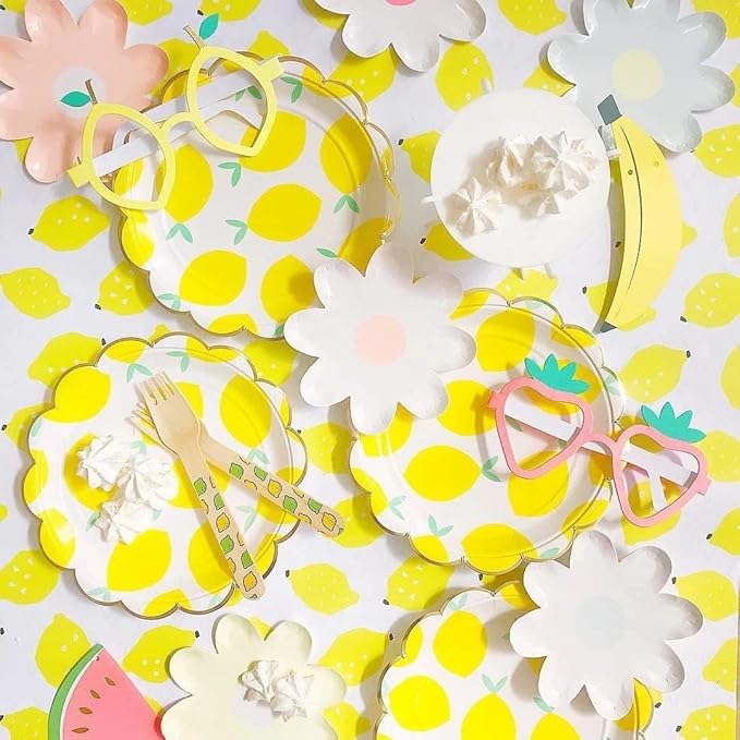 MaitianGuyou Lemon Party Decorations Disposable Dinnerware Set, Include Yellow Paper Plates, Cups, Straws and Napkins,Fruits Tableware Set for Lemonade Themed Birthday Decorations