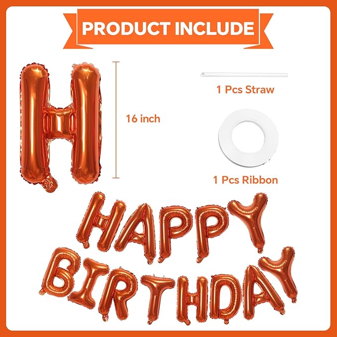 KALOR Orange Happy Birthday Balloons Banner, 16 Inch Mylar Foil Letters Balloon Sign for Birthday Party Decorations Photo Booth Backdrop
