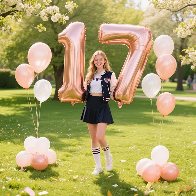 40 Inch Rose Gold Balloon Number 17 Balloon,Jumbo Mylar Foil Helium Balloon for 17 Digital Balloons for Birthday Party,Wedding Anniversary Party Decorations