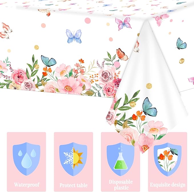 3 PCS Butterfly Birthday Tablecloths for Floral Butterfly Party Decorations Spring Summer Flower Plastic Disposable Rectangle Table Cover for Girls Baby Shower Weddings Tea Party Supplies Favors