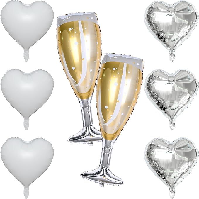 Champagne Balloons, Engagement Party Balloons with Champagne Bottle Glass Foil Mylar Balloon Silver White Heart Shaped Balloon for Wedding Anniversary Bachelorette Birthday Bridal Shower Decorations