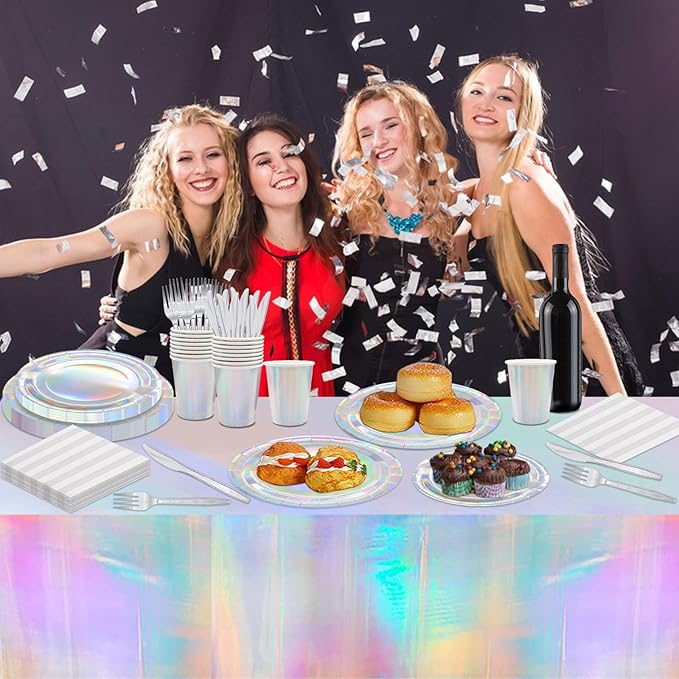 146pcs Iridescent Party Supplies Iridescent Party Tableware Sets Serve 24 Guests Includes Holographic Paper Plates Cups Napkins Forks for Baby Bridal shower Mermaid Birthday Party