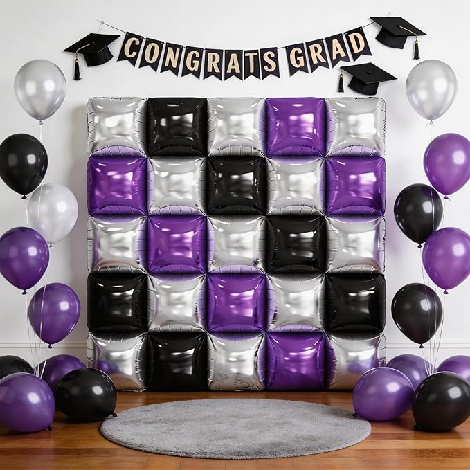 Black Purple Silver Foil Balloon Wall,25Pcs Double Sided Balloons Backdrop Helium Balloon Tunnel Arch Garland Kit for Birthday Graduations Anniversary Baby Shower Party Decorations