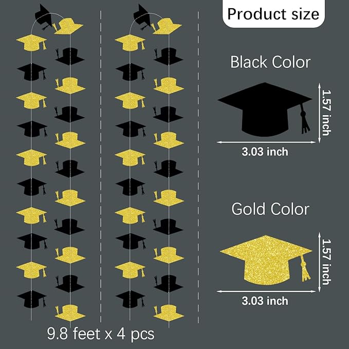 Black and Gold Graduation Garland Graduation Party Decorations Class of 2026 Grad Cap Garland Banner Streamers for Grad Party Hanging Decorations 39Feet