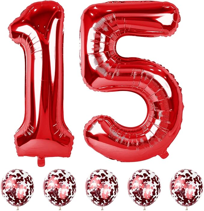 40 Inch 15 Foil Balloons - Number 15 Large Red Helium Balloons with Confetti, Self Inflating for Girls Boys Women Anniversary Party Decorations