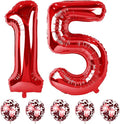 40 Inch 15 Foil Balloons - Number 15 Large Red Helium Balloons with Confetti, Self Inflating for Girls Boys Women Anniversary Party Decorations