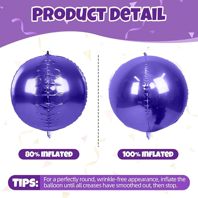 12Pcs Purple Round Balloons Foil, 22" 18" 15" 10" 4D Sphere Shaped Balloon Different Size, Large Metallic Purple Balloons for Wedding Prom Graduation Baby Shower Birthday Party Decorations Backdrop