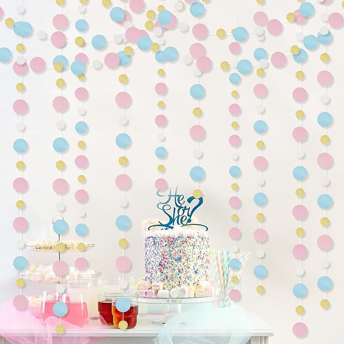 Outus 10 Pieces Pink,Blue,Gold,White Round Dots Garland Easter Graduation Party Hanging Decor Each Length 13.1ft Glitter Paper Dot Streamers for Birthday Wedding Classroom