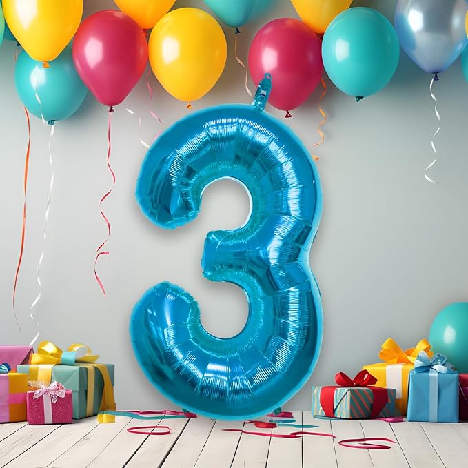 40 Inch Large Blue Number Celebration and Decoration Balloon for Birthday Parties, Graduations, Anniversaries, Weddings, Photo Shoots, Special Events - Helium Foil Mylar (Blue Number 3)