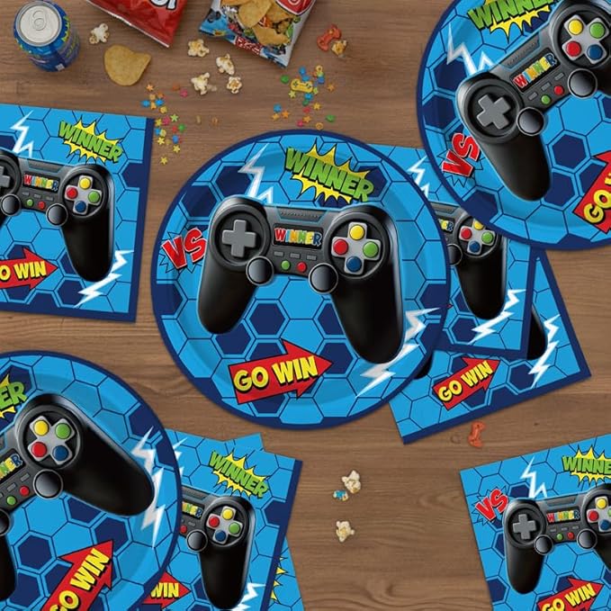 40Pcs Blue Video Game Birthday Party Plates and Napkins for 20 Guests Tableware Video Game Supplies for Kids Boys Baby Shower Birthday Party Decorations