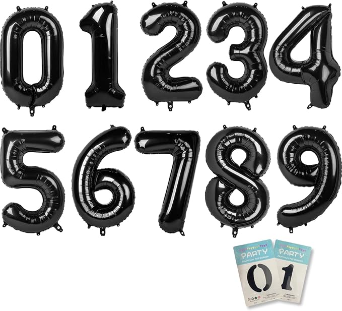10PCS 40 Inch Large Foil Number Balloons 0-9 Set - Reusable Metallic Black Birthday Wedding Decorations