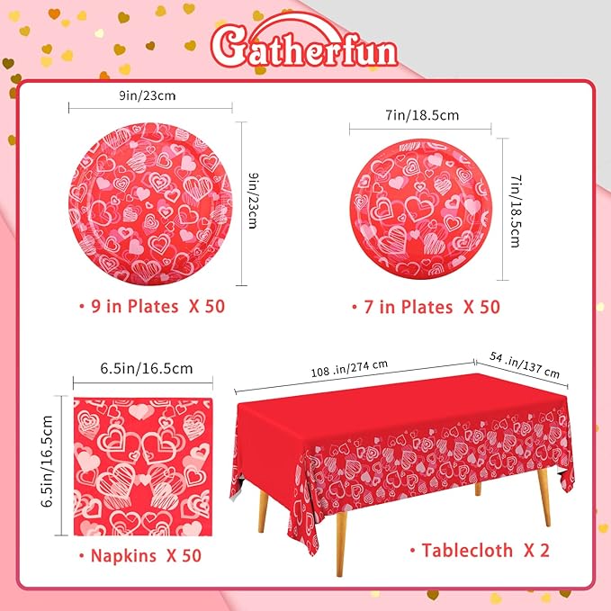 Gatherfun Valentine's Party Supplies Hot Heart Love Disposable Paper Plates Napkins Waterproof plastic Tablecloth for Valentine's , Engagements, Anniversary, Birthday Party Serve 50
