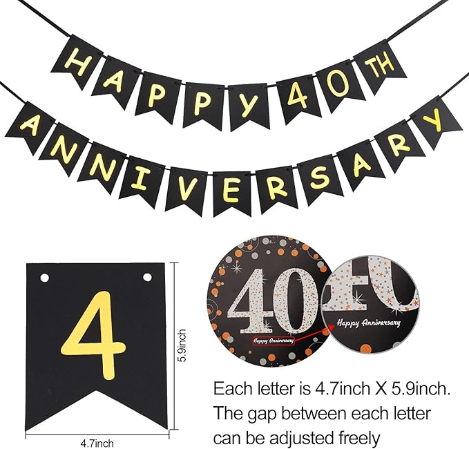 40th Anniversary Decorations Kit - 16 Pcs: 1 Happy Banner, 9 Sparkling 40 Hanging Swirls, 6 Poms - Wedding Party Supplies
