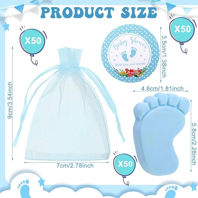50 Sets Baby Shower Soap Favors for Guests Boy Girl Mini Handmade Scented Soaps with Thank You Tags and Organza Bags for Gender Reveal Baptism Shower Wedding Party(Blue)
