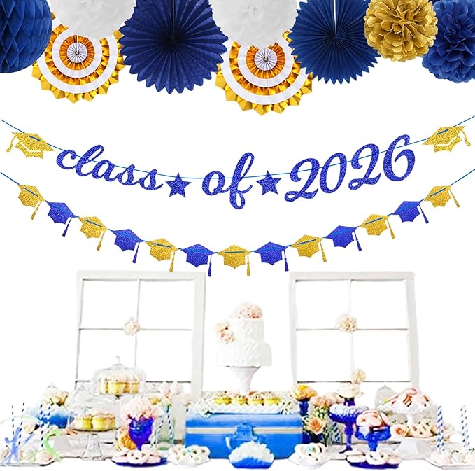 Navy-Blue Gold-White Party-Decoration Graduation Banner - 14pcs Kits Cap Garland Streamers, Royal Paper Tissue Pom Poms Flowers Fans Honeycomb,Class Of 2026 College High School Grad Decor Hugfond