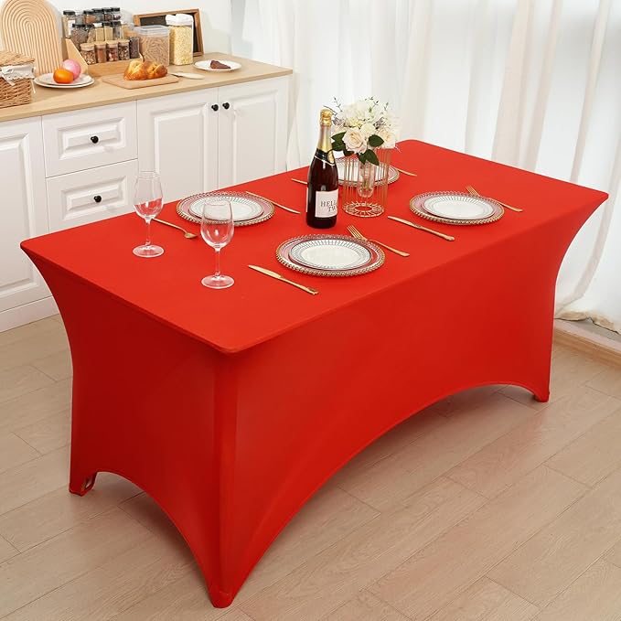 Fixwal 3 Pack Red Table Cloths Rectangle 6FT, Tablecloths Rectangular Stretch Spandex Fitted Table Covers 6 FT for Valentine's Day, Festival Parties, Trade Shows, Banquet, Weddings, Event