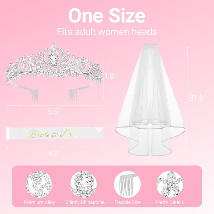 3Pcs Bride to Be Crown with Sash and Veil for Bachelorette Party Decorations, Bridal Shower Accessories for Gift, Favors
