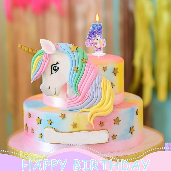 Unicorn Candle - Number 4 Candle, 4th Birthday Decorations for Girls, Colorful Sequins Birthday Candles for Cake, Cartoon Unicorn Theme Party Decorations