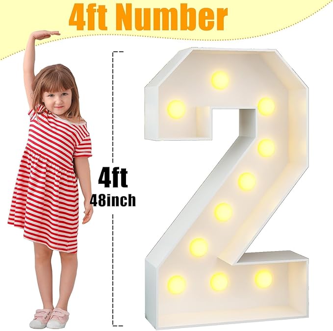 Marquee 4ft Number 2 Light Up Number White Large Mosaic Frame Slots-in Letter 2 for 2nd Birthday Party Decorations Pre-Cut Cardboard Giant Cut-Out Thick Foam Board 2025 Sign Graduation