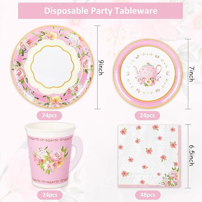 Whaline Pink Tea Party Tableware Supplies Serves 24 Pink Floral Tea Party Disposable Paper Dinnerware, 24 9" Plates 24 7" Saucer Plate 24 9oz Tea Cups with Handle 48 Luncheon Napkins