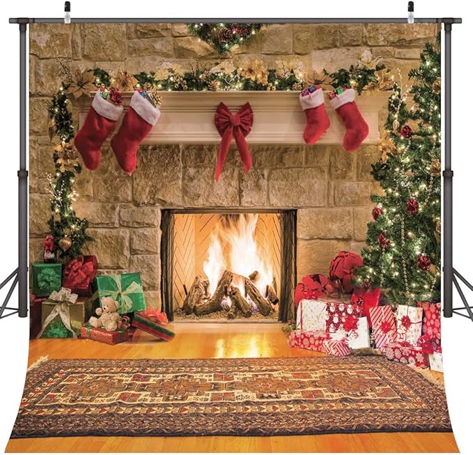 CYLYH 10x10ft Christmas Backdrops Christmas Fireplace Theme Backdrop Tree Sock Decorations for Xmas Party Supplies Photo Background Pictures Banner