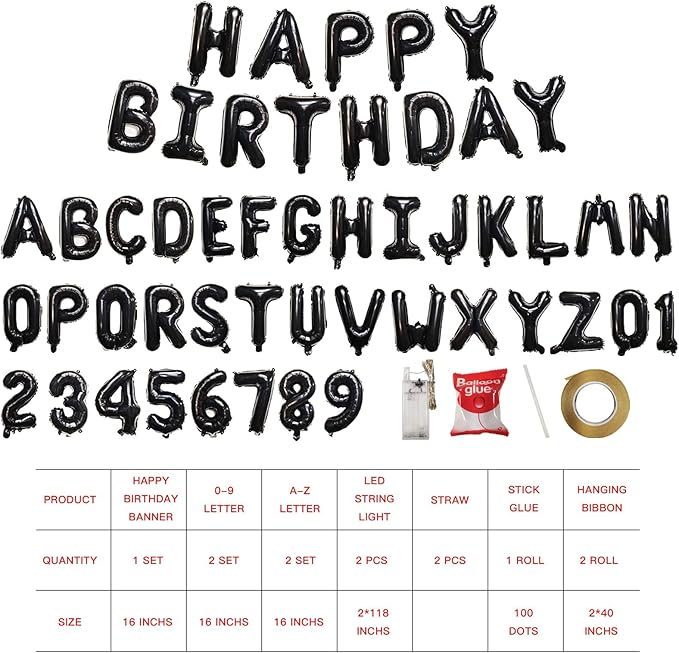 [85 PCS] 16" Foil Personalized Name Happy Birthday Balloons Letters, Mylar Aluminum Custom Name and Age Letter Balloons, 2 Sets A- Z & 0-9 for Birthday Party Graduation Wedding Holiday Event (Black)