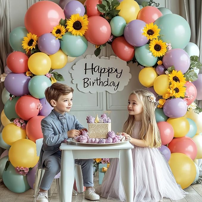 Dusty Green Purple Yellow Coral Balloons Arch Kit, Double Stuffed Sage Fog Green Pastel Yellow Red Light lavender Balloon Garland Kit for Birthday Floral Easter Spring Summer Party Decor