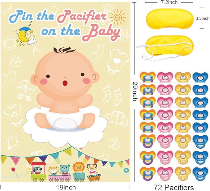 Hxezoc Pin The Pacifier On The Baby Game - Large Poster for Baby Shower Party, Kids Birthday Party Supplies - 72 Pacifier Stickers