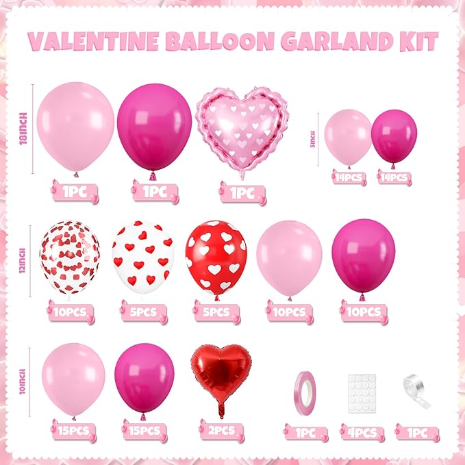 Valentines Day Balloons Arch Kit, Hot Pink White Red Heart Print Confetti Blloons with Heart Foil Balloon for Valentines Day Decorations Wedding Engagement Anniversary Supplies