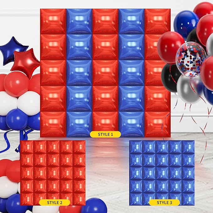 50PCS Blue Red Square Foil Balloon Wall, 19'' Reusable DIY Mylar Double Side Balloons Garland Tunnel Arch Kit for Anniversary Baby Shower Bachelorette Birthday Game Party Decor