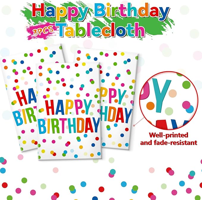 3pcs Birthday Tablecloth, Happy Birthday Decorations Set, Colorful Rainbow Dots Design with Happy Birthday Tablecloth. Waterproof Plastic Table Covers for Boys/Girls Party 54X108inch
